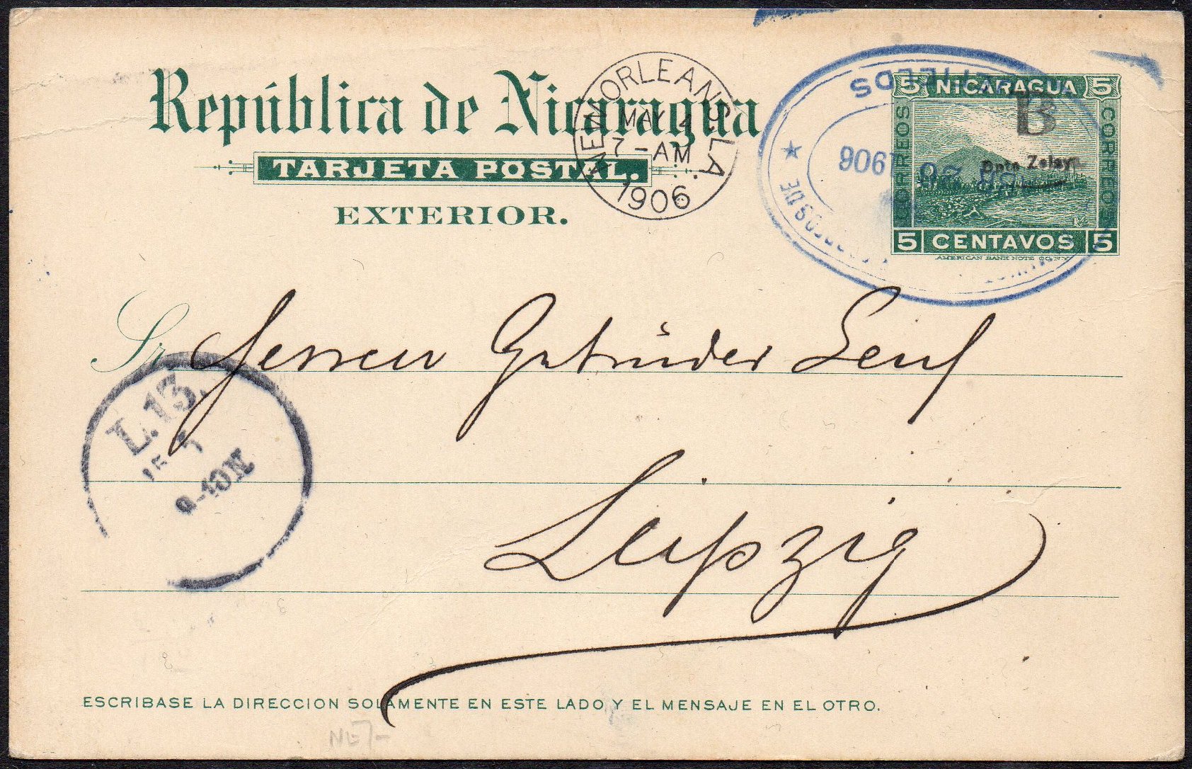 Ganzsache Bluefields Postal Stationery Nicaragua Momotombo Zelaya Bluefields Volcano & Train
